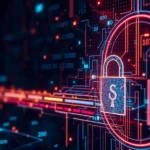 Visual concept of the future of AI in cybersecurity with elements like binary code and digital shields.