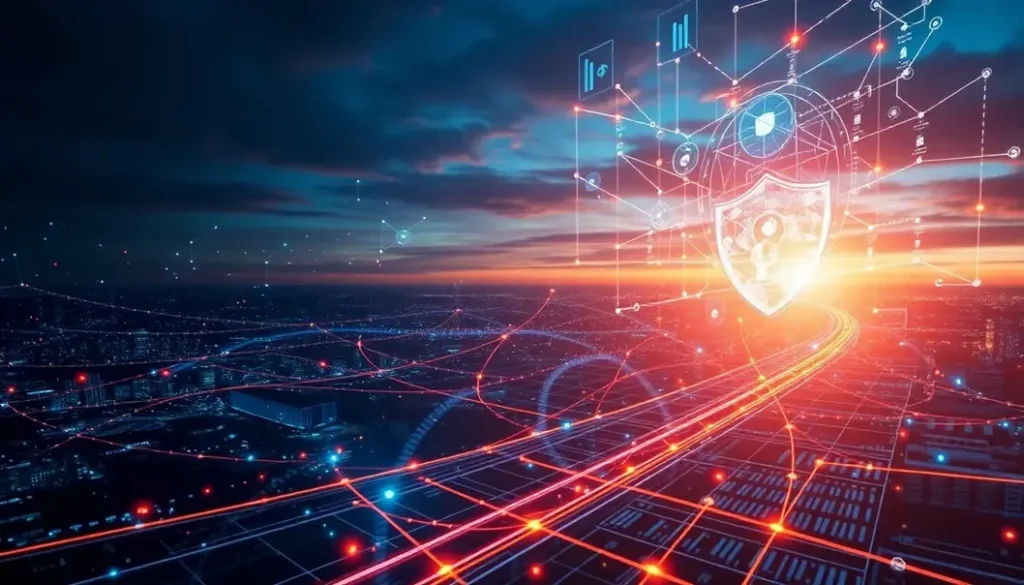 A futuristic representation of interconnected devices protected by AI technology in a secure digital environment.