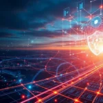 A futuristic representation of interconnected devices protected by AI technology in a secure digital environment.