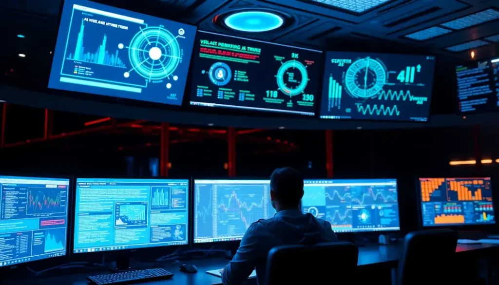 A high-tech control room monitoring cyber threats, showing advanced AI and data analytics.