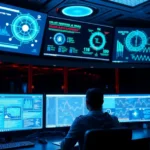 A high-tech control room monitoring cyber threats, showing advanced AI and data analytics.