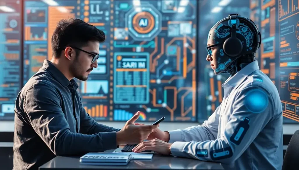 A depiction of humans and AI collaborating in a cybersecurity environment.