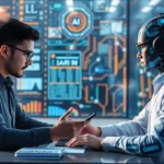 A depiction of humans and AI collaborating in a cybersecurity environment.