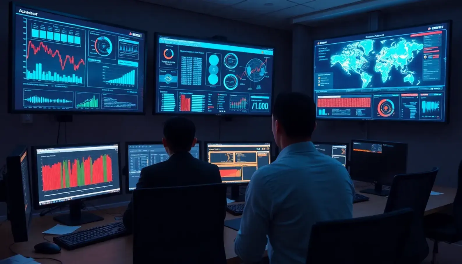 AI-driven cybersecurity control room with analysts monitoring threat data.