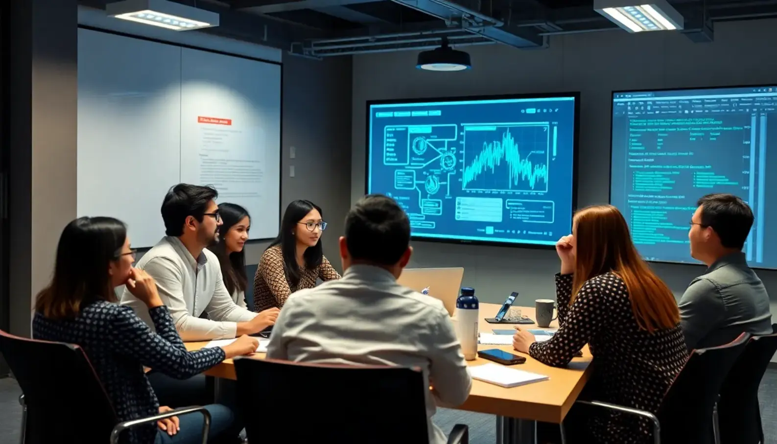 AI-driven cybersecurity control room with analysts monitoring threat data.